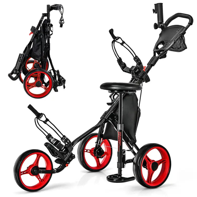 Golf Push Pull Cart with Seat, 3 Wheels Lightweight Foldable Golf Trolley, Collapsible Golf Cart with Foot Brake, Adjustable Umbrella Holder & 4-Position Height Handle