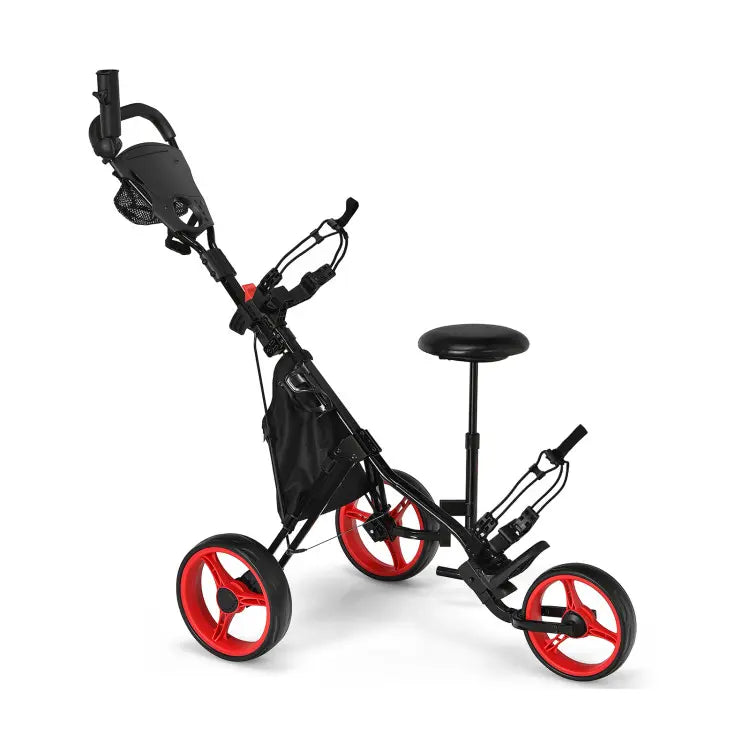 Golf Push Pull Cart with Seat, 3 Wheels Lightweight Foldable Golf Trolley, Collapsible Golf Cart with Foot Brake, Adjustable Umbrella Holder & 4-Position Height Handle