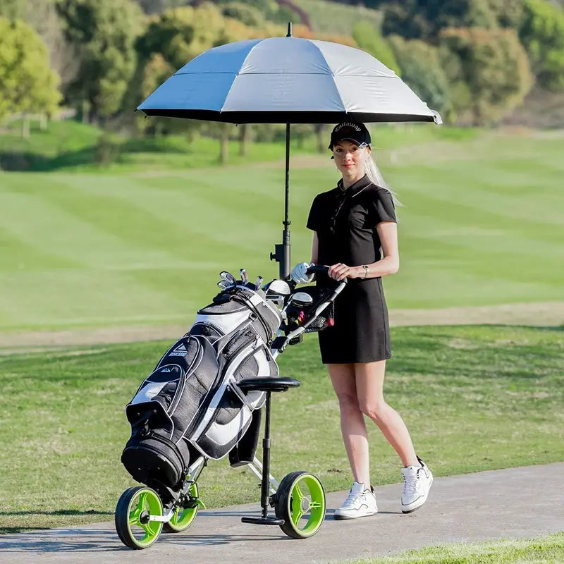 Golf Push Pull Cart with Seat, 3 Wheels Lightweight Foldable Golf Trolley, Collapsible Golf Cart with Foot Brake, Adjustable Umbrella Holder & 4-Position Height Handle
