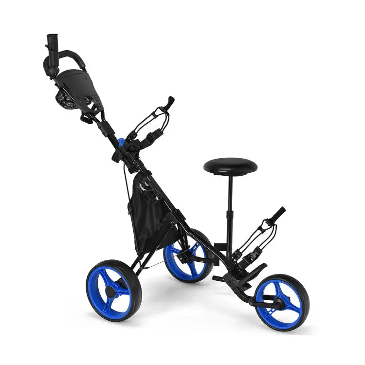 Golf Push Pull Cart with Seat, 3 Wheels Lightweight Foldable Golf Trolley, Collapsible Golf Cart with Foot Brake, Adjustable Umbrella Holder & 4-Position Height Handle