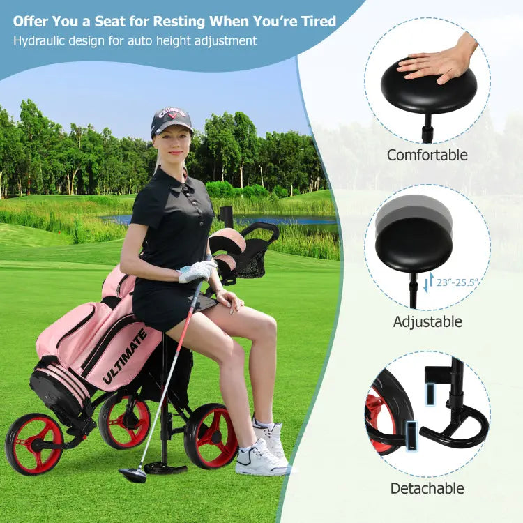Golf Push Pull Cart with Seat, 3 Wheels Lightweight Foldable Golf Trolley, Collapsible Golf Cart with Foot Brake, Adjustable Umbrella Holder & 4-Position Height Handle