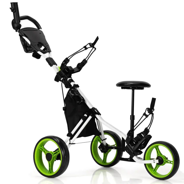 Golf Push Pull Cart with Seat, 3 Wheels Lightweight Foldable Golf Trolley, Collapsible Golf Cart with Foot Brake, Adjustable Umbrella Holder & 4-Position Height Handle