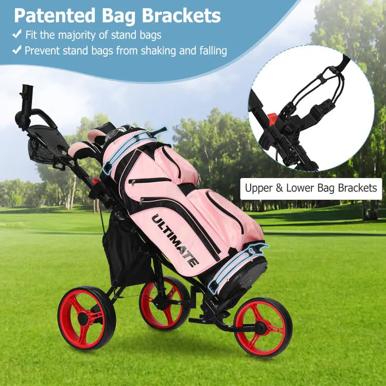 Golf Push Pull Cart with Seat, 3 Wheels Lightweight Foldable Golf Trolley, Collapsible Golf Cart with Foot Brake, Adjustable Umbrella Holder & 4-Position Height Handle
