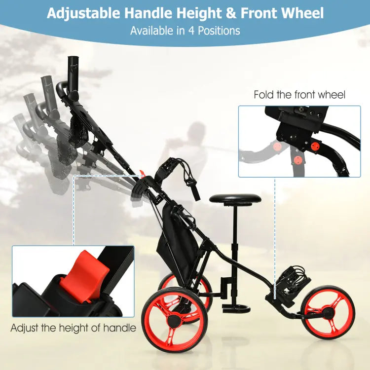 Golf Push Pull Cart with Seat, 3 Wheels Lightweight Foldable Golf Trolley, Collapsible Golf Cart with Foot Brake, Adjustable Umbrella Holder & 4-Position Height Handle