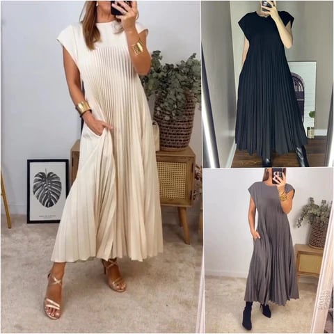 Sleeveless pleated simple solid colour dress