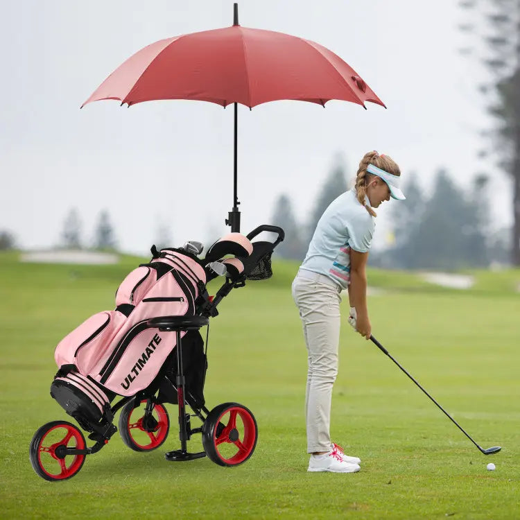 Golf Push Pull Cart with Seat, 3 Wheels Lightweight Foldable Golf Trolley, Collapsible Golf Cart with Foot Brake, Adjustable Umbrella Holder & 4-Position Height Handle