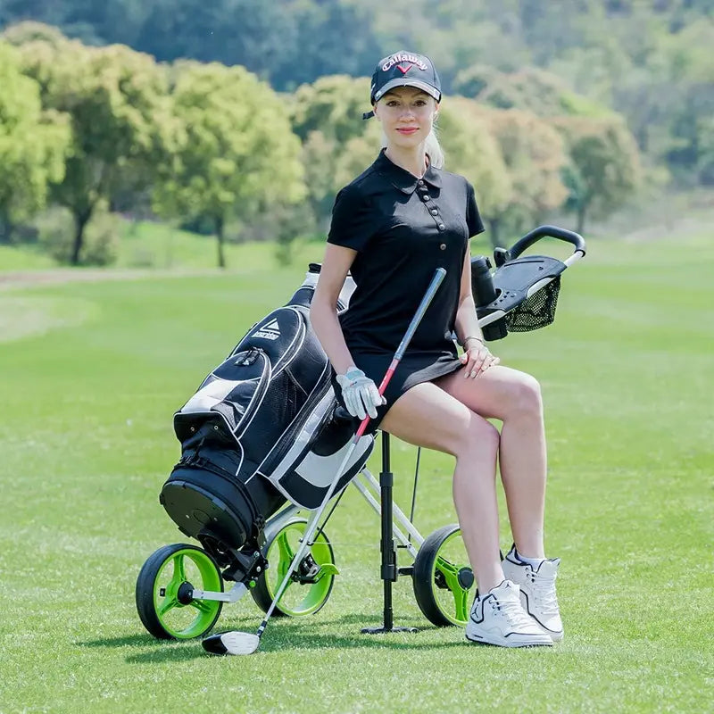 Golf Push Pull Cart with Seat, 3 Wheels Lightweight Foldable Golf Trolley, Collapsible Golf Cart with Foot Brake, Adjustable Umbrella Holder & 4-Position Height Handle