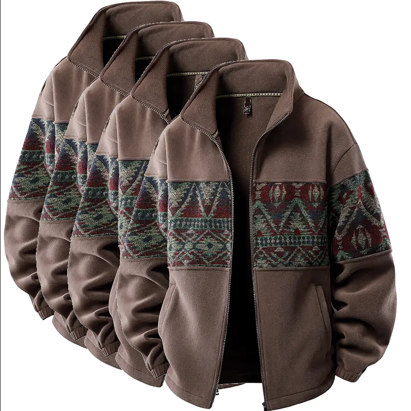 Men's Retro Ethnic Fleece Lined Zip Up Stand Collar Cardigan Jacket, 4-Pack