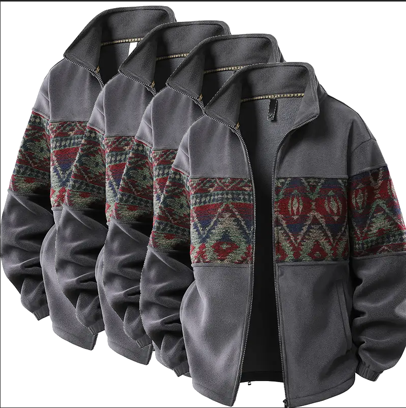 Men's Retro Ethnic Fleece Lined Zip Up Stand Collar Cardigan Jacket, 4-Pack