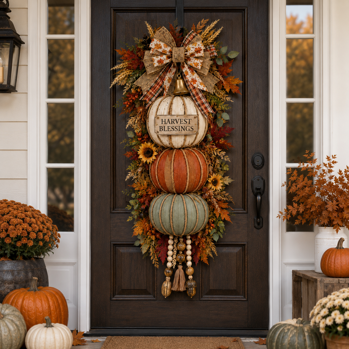 🏡🎃Lighted Stacked Pumpkin Fall Front Door Decoration, 3 Interchangeable Seasonal Plaques for Autumn, Halloween & Thanksgiving