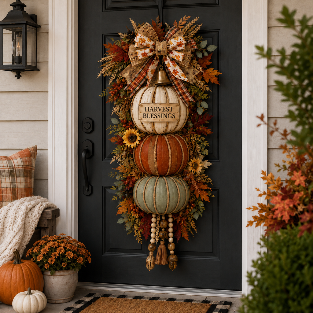 🏡🎃Lighted Stacked Pumpkin Fall Front Door Decoration, 3 Interchangeable Seasonal Plaques for Autumn, Halloween & Thanksgiving