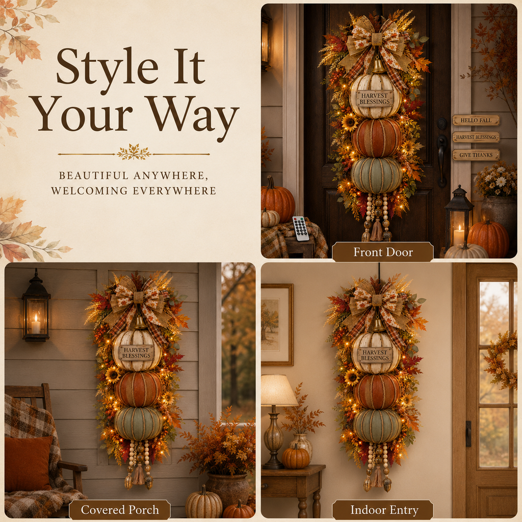 🏡🎃Lighted Stacked Pumpkin Fall Front Door Decoration, 3 Interchangeable Seasonal Plaques for Autumn, Halloween & Thanksgiving
