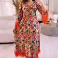 V-neck Floral Printed Long Sleeve Tassel Maxi Dress